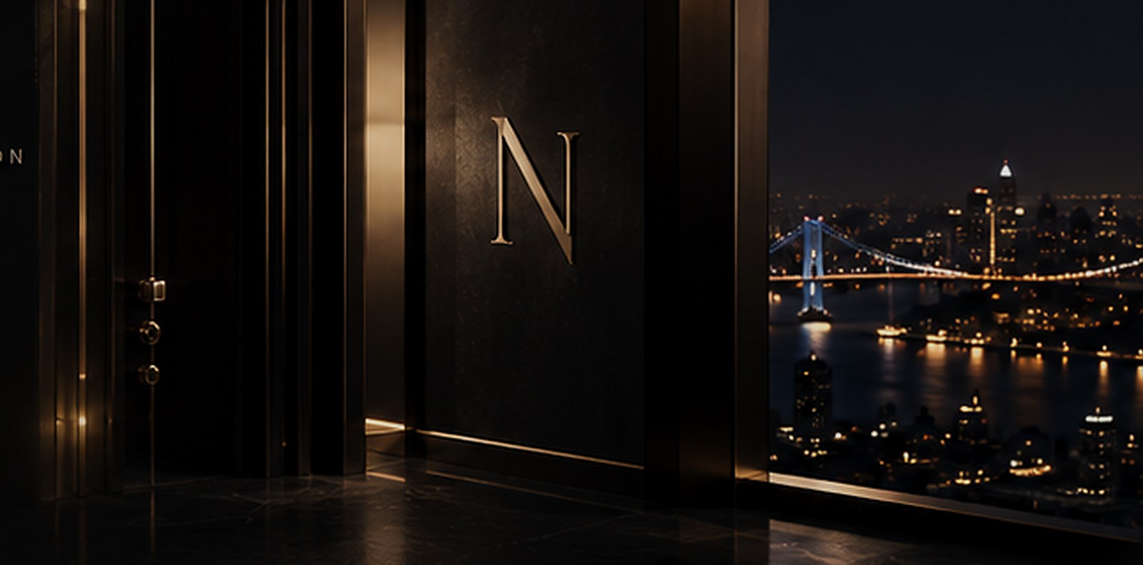 Dark private club architecture with warm brass lighting
